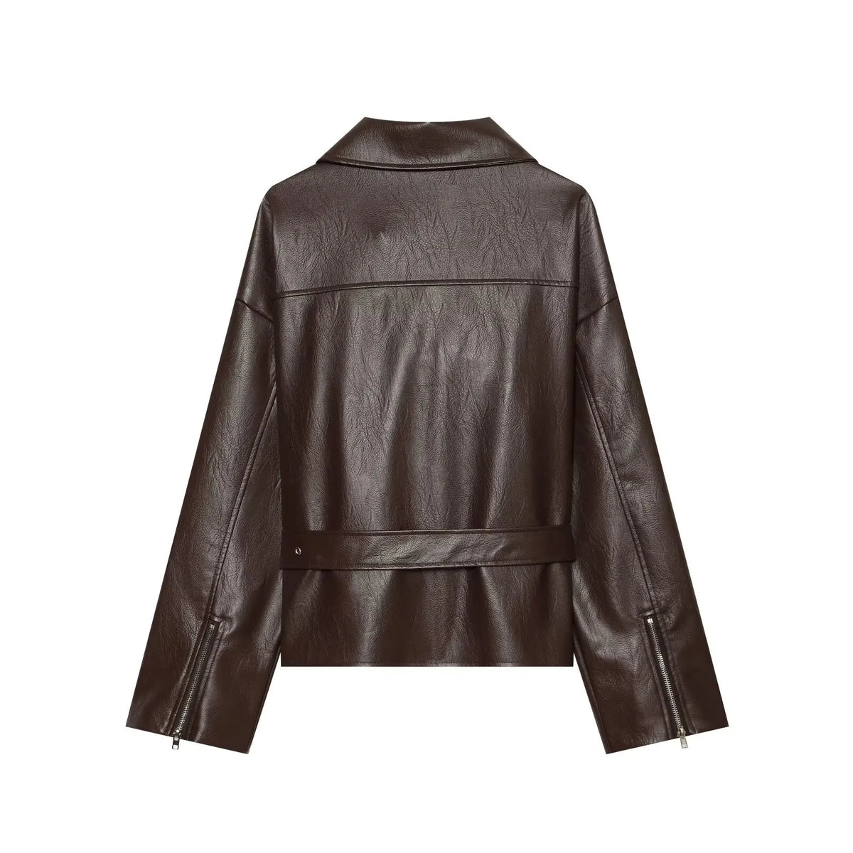 Women's Jacket Vintage Belted Faux PU Leather Front-Zip Turn-Down Lapel Full-Sleeve Casual Coat
