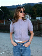 Cardigan Curto de Manga Curta Plush para Mulher | Top Felpudo Elegante com Fecho Simples