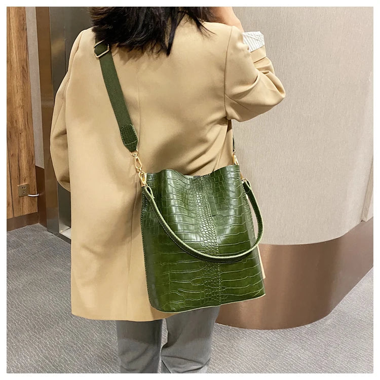 Women Bag Vintage Crocodile Pattern Crossbody Bags PU Leather Trend Designer Shoulder Handbags Large Capacity Bucket