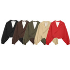 Women's Fashion Cropped Jackets V-Neck Long Sleeves With Bow Solid Pullover Chic Lady Outfits