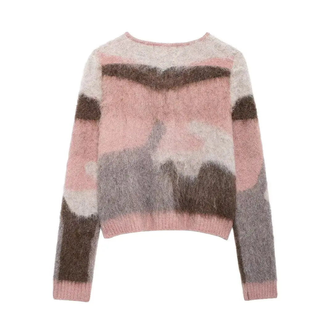 Women's Cardigan Vintage Print Knit O-Neck Full-Sleeve Single-Breasted A-Line Sweater