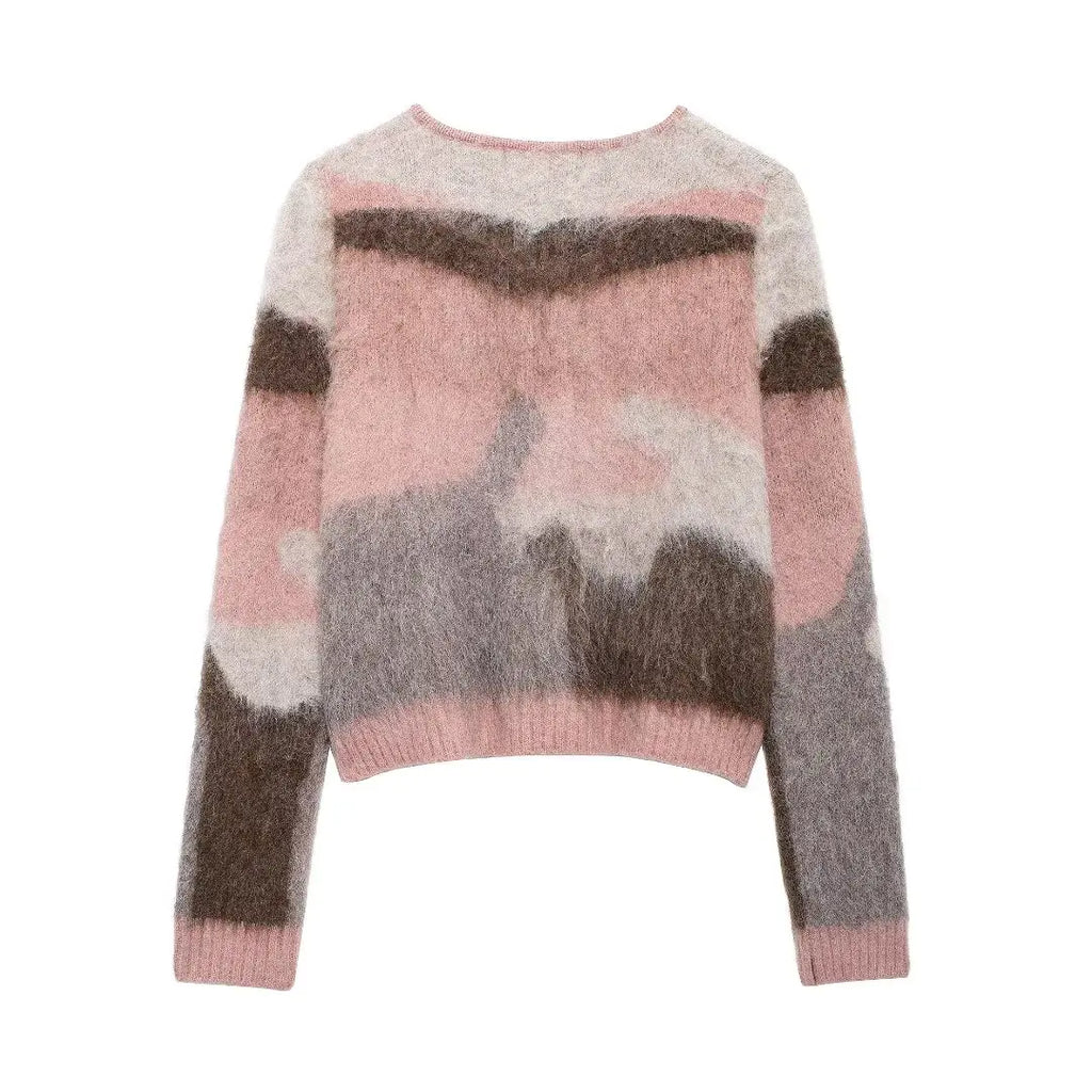 Women's Cardigan Vintage Print Knit O-Neck Full-Sleeve Single-Breasted A-Line Sweater