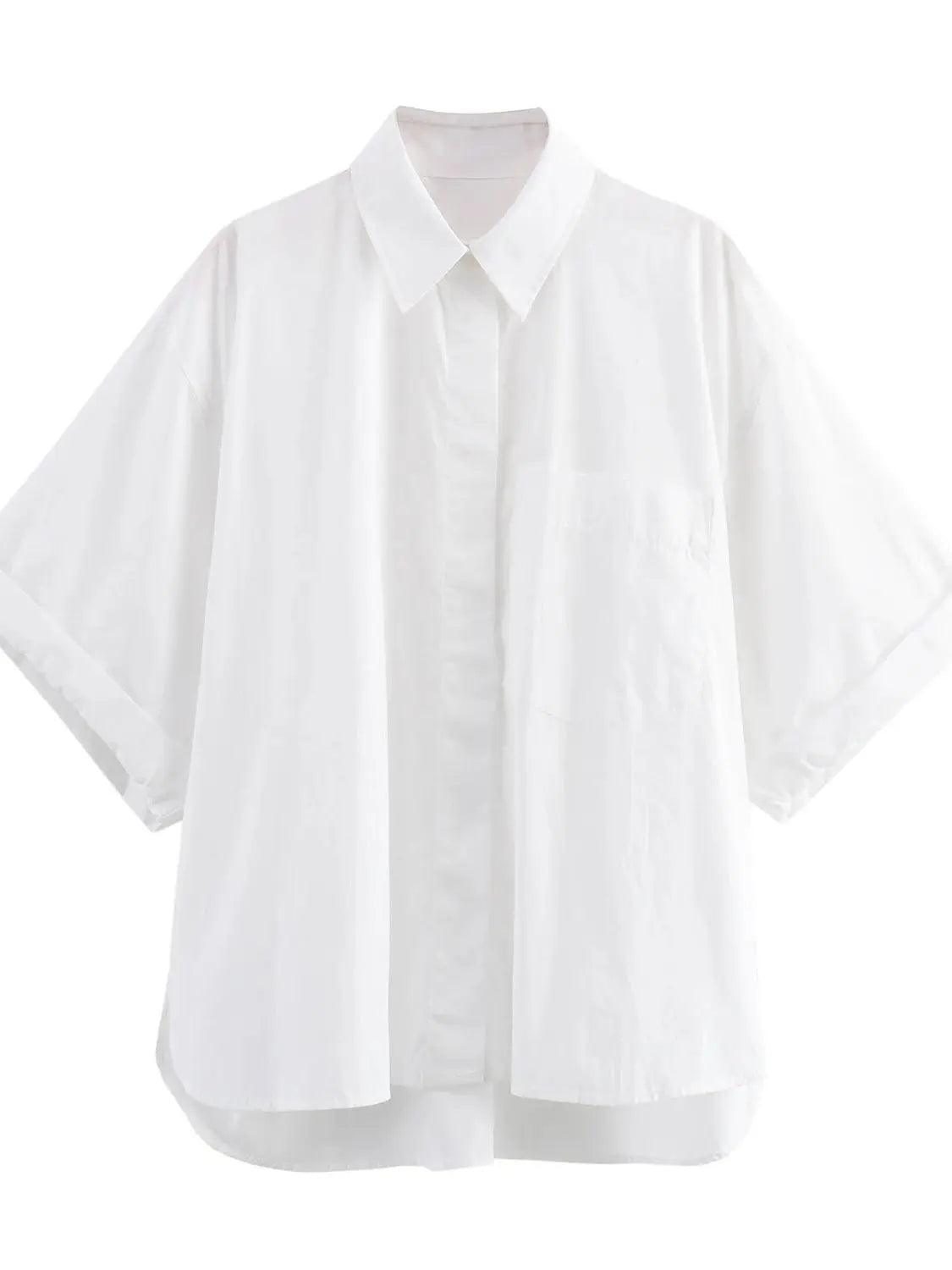 Pocket Poplin Shirt Collared Short Sleeve Front Button Tops WHITE Sb5870f033b42435e9e3803575affd14c6 STYLEINGER