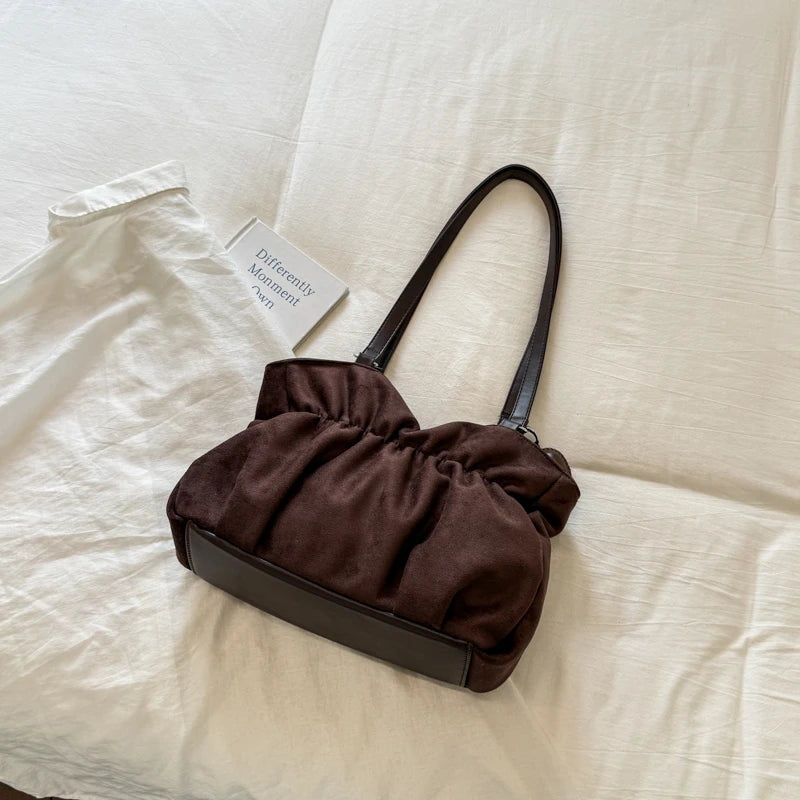 Women's Shoulder Bag Vintage Ruched PU Leather Zipper Tote Bag with Phone Pocket & Charm