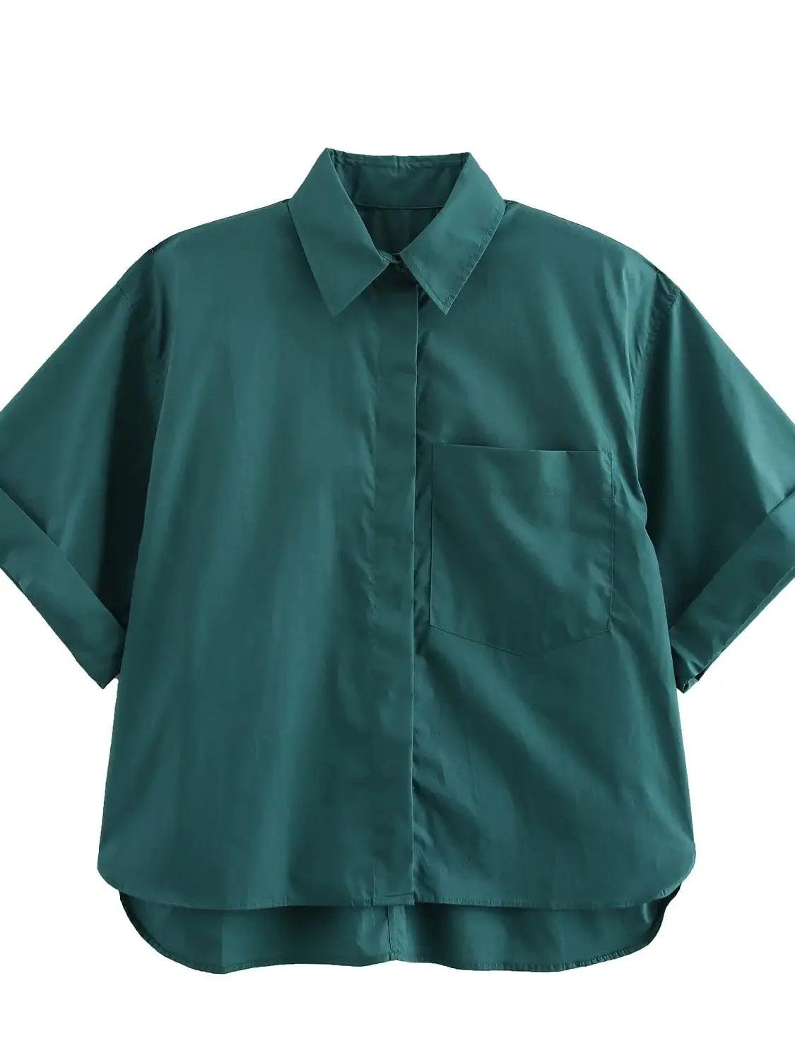 Pocket Poplin Shirt Collared Short Sleeve Front Button Tops green Sb5f25eabf279416494a10888f893a344I STYLEINGER