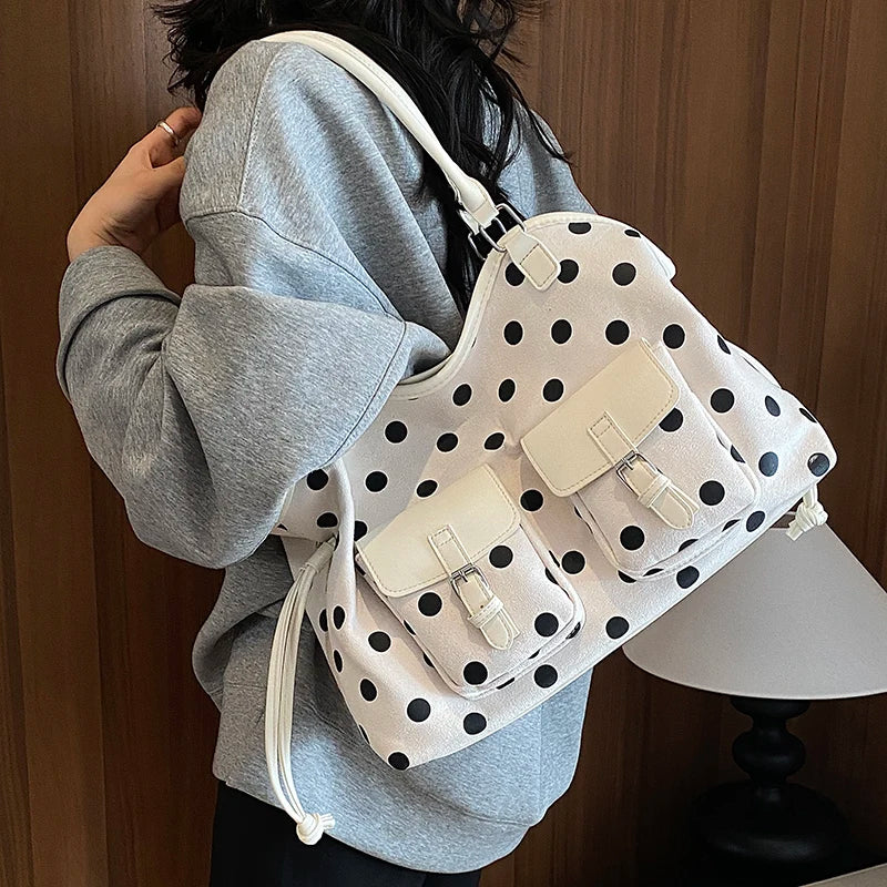 Women's Tote Bag Vintage Dot-Pattern Faux PU Leather Zipper Shoulder Bag with Phone Pocket
