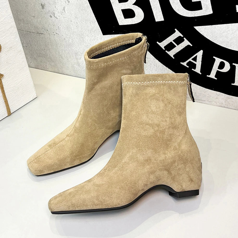 BIGTREE Damen Wildlederschnürstiefel Quadratische Spitze Blockabsatz Reißverschluss