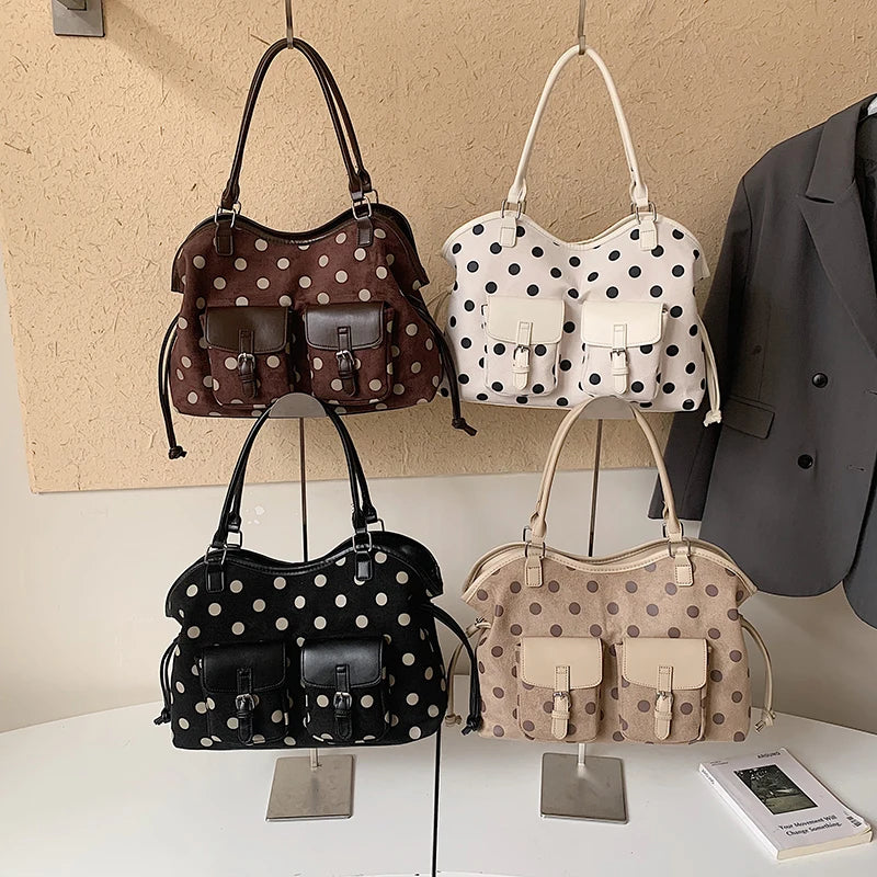 Women's Tote Bag Vintage Dot-Pattern Faux PU Leather Zipper Shoulder Bag with Phone Pocket