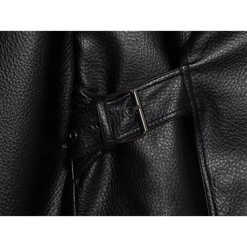 Women's Jacket Vintage Solid Faux Leather Belted Turn-Down Collar Full-Sleeve Short Loose Thick Outerwear Coat