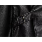 Women's Jacket Vintage Solid Faux Leather Belted Turn-Down Collar Full-Sleeve Short Loose Thick Outerwear Coat