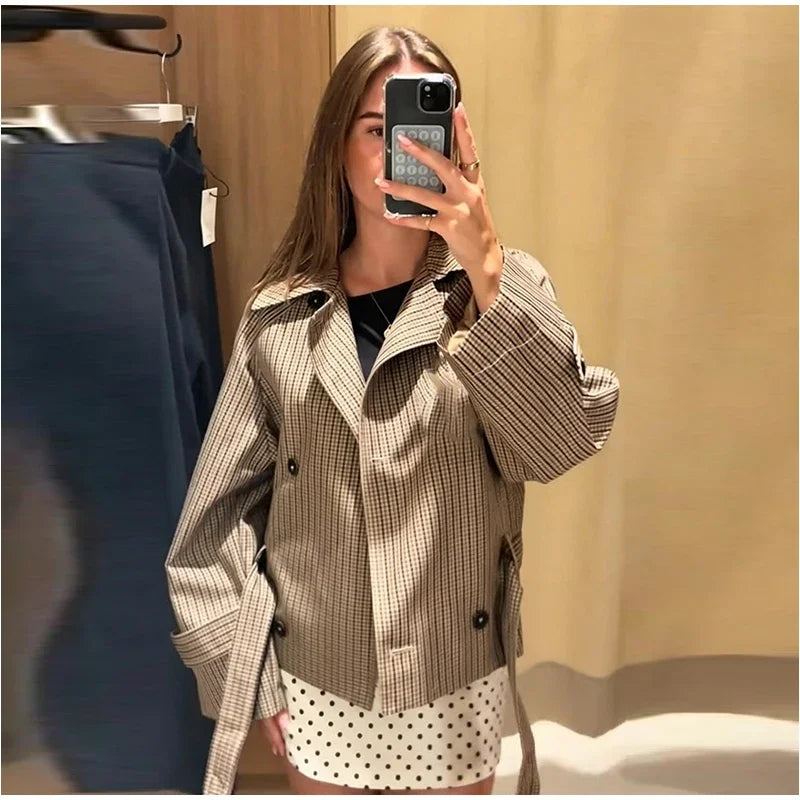 Women's Jacket Polyester Plaid Loose Stand Collar Full-Zip Full-Sleeve Casual Autumn Outerwear