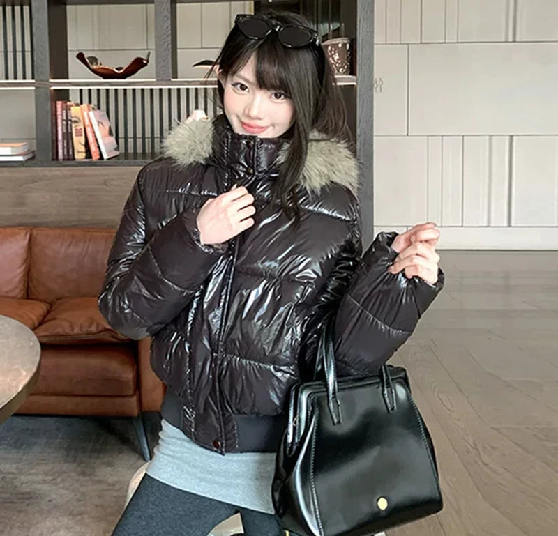 Women's Glossy Hooded Puffer Jacket with Faux Fur Trim
