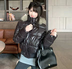 Women's Glossy Hooded Puffer Jacket with Faux Fur Trim