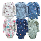Six long sleeve cotton baby bodysuits in rows showing fire truck, stripe, space, floral, icon, and dinosaur prints