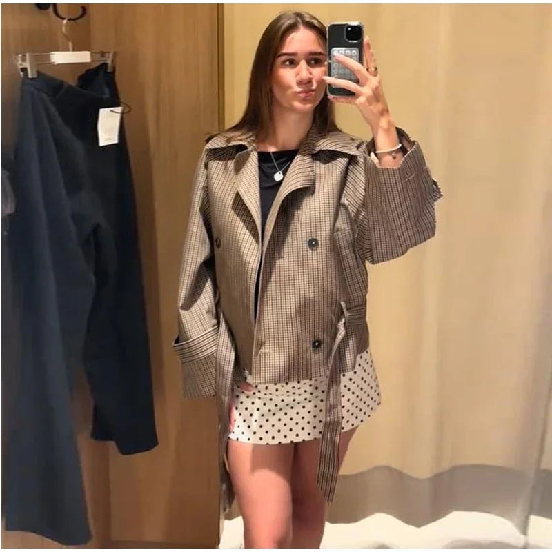 Women's Jacket Polyester Plaid Loose Stand Collar Full-Zip Full-Sleeve Casual Autumn Outerwear