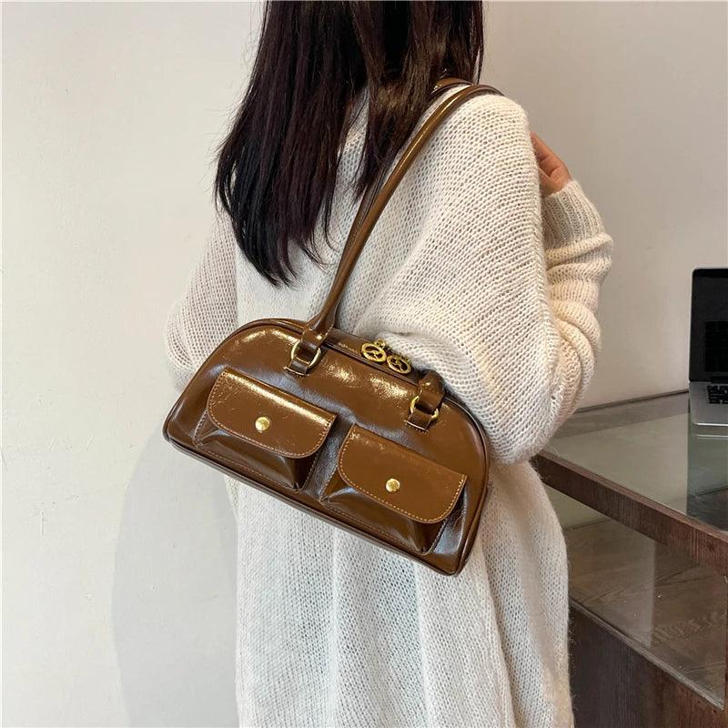 Double Snap Pockets Retro Leather Shoulder Bags Women Zipper Tote Handbags