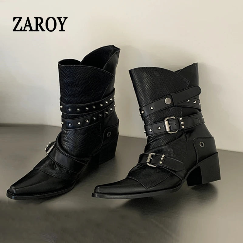 Women's Black Buckle Ankle Boots with Block Heels