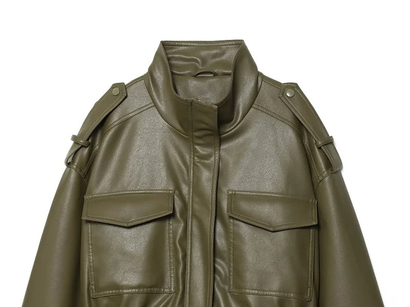 Women's High-Neck Zip-Up Moto Jacket with Pockets