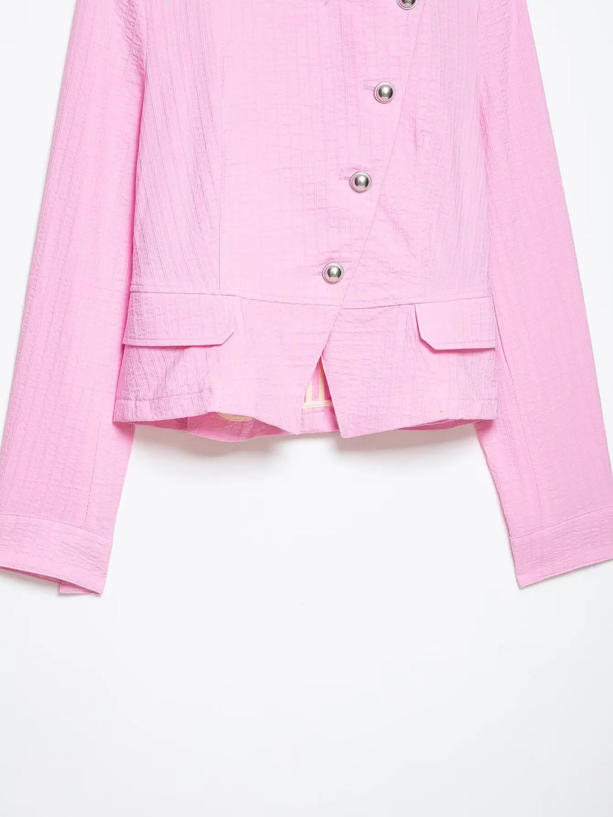 Women's Blazer Pink Solid Single-Breasted O-Neck Full-Sleeve Straight-Cut Pocket Casual Jacket