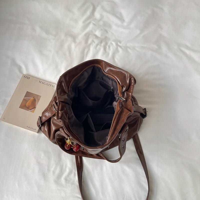 Women's Faux Leather Tote Shoulder Bag with Charm