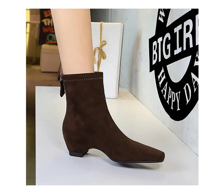BIGTREE Damen Wildlederschnürstiefel Quadratische Spitze Blockabsatz Reißverschluss