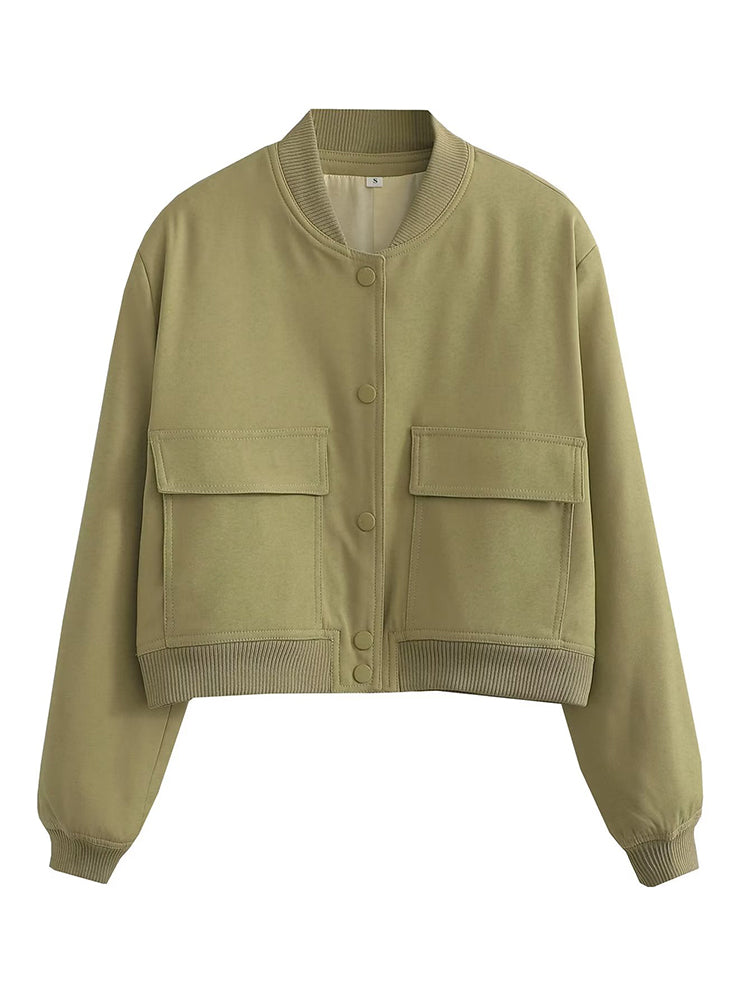 Women Fashion Solid Bomber Jackets Coat With Pockets V-Neck Single Breasted Long Sleeves