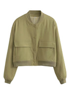 Women Fashion Solid Bomber Jackets Coat With Pockets V-Neck Single Breasted Long Sleeves