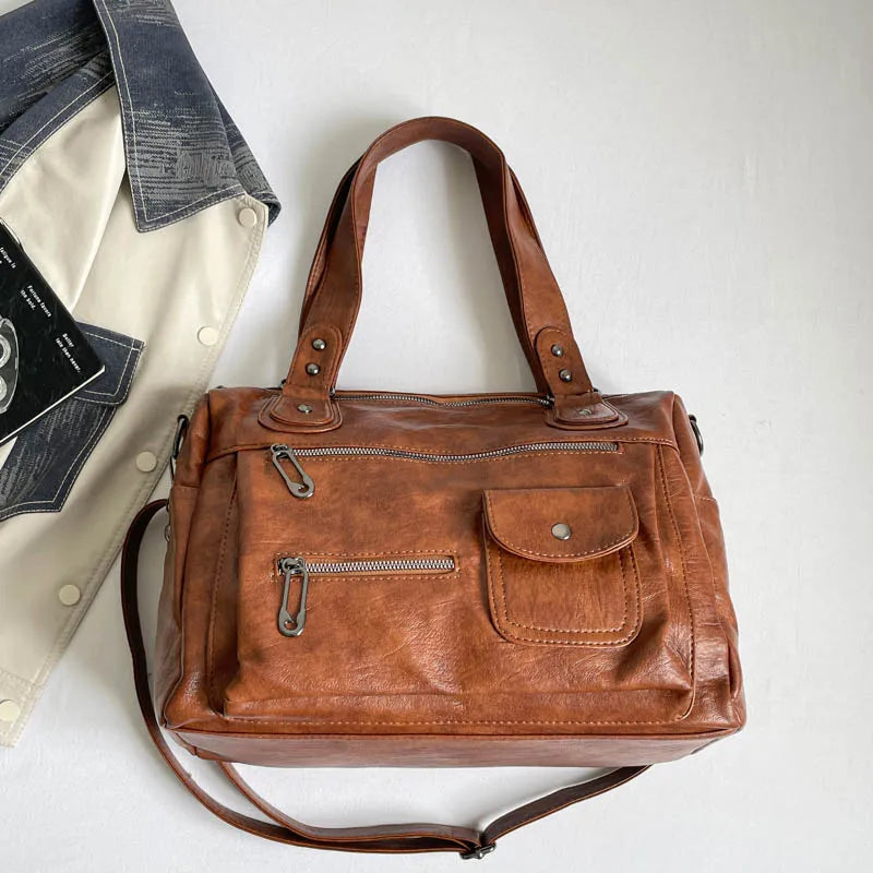 Women's Vintage PU Leather Tote Bag - Top Handle, Large Capacity, Crossbody