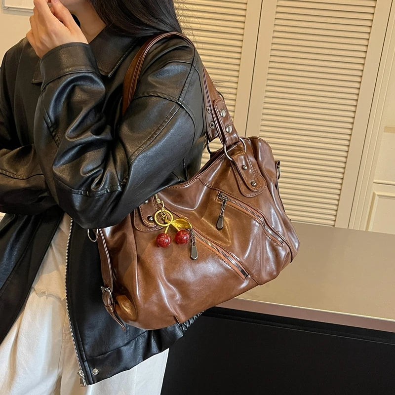 Women's Faux Leather Tote Shoulder Bag with Charm
