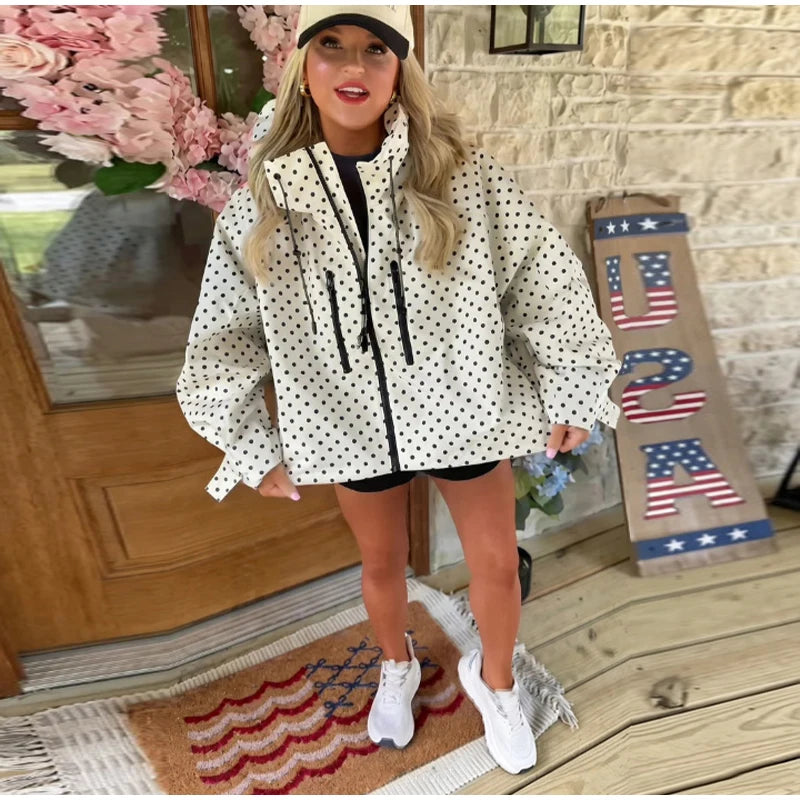 Polka Dot Hooded Women's Jacket Chic Turtleneck Zipper Long Sleeve Pockets Thin Coat 2026 Autumn Outerwear