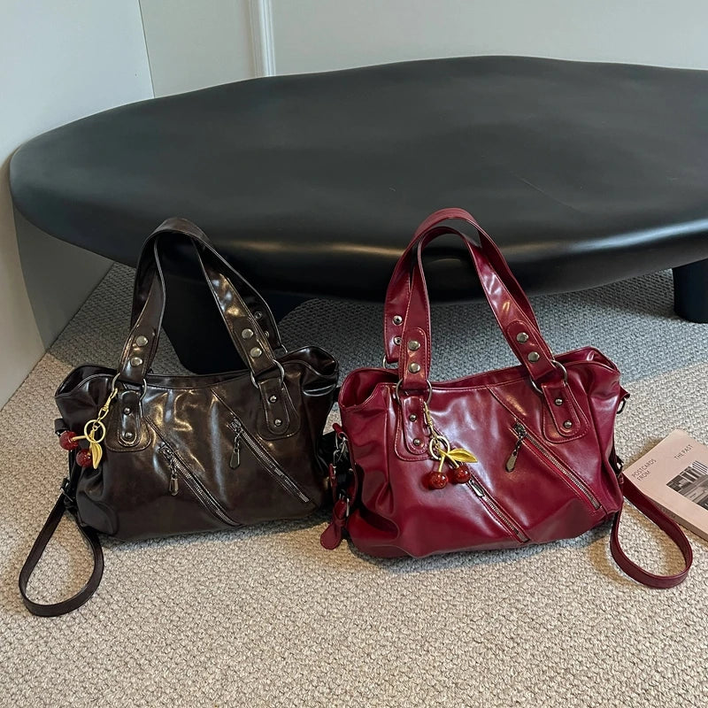 Women's Faux Leather Tote Shoulder Bag with Charm