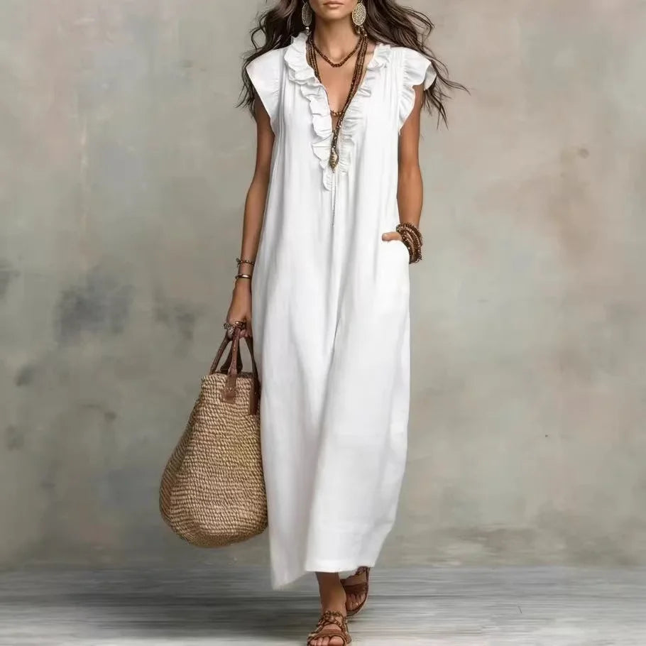 Summer Women Boho Maxi Dress Ruffle V Neck Sleeveless Loose Long Dresses With Pockets Casual Beach