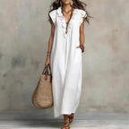 Summer Women Boho Maxi Dress Ruffle V Neck Sleeveless Loose Long Dresses With Pockets Casual Beach