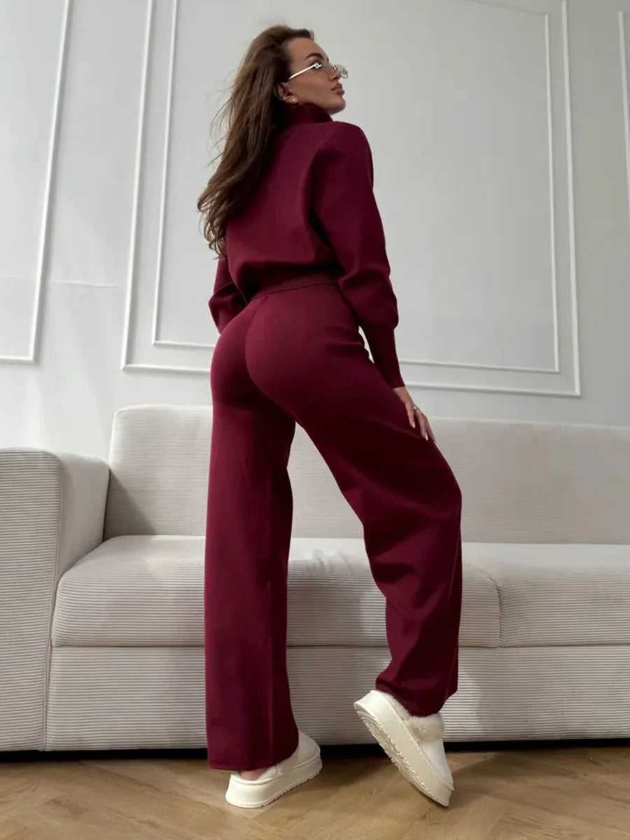 Women's Knit 2-Piece Set Zip-Up Stand Collar Cardigan Wide-Leg Ankle Pants Office Lady Autumn Winter Outfit