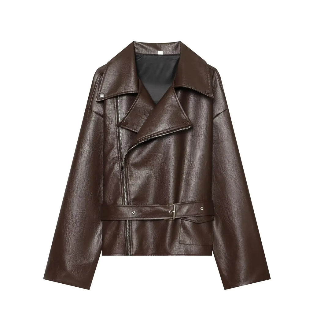 Women's Jacket Vintage Belted Faux PU Leather Front-Zip Turn-Down Lapel Full-Sleeve Casual Coat