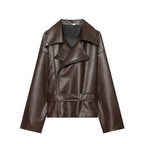Women's Jacket Vintage Belted Faux PU Leather Front-Zip Turn-Down Lapel Full-Sleeve Casual Coat