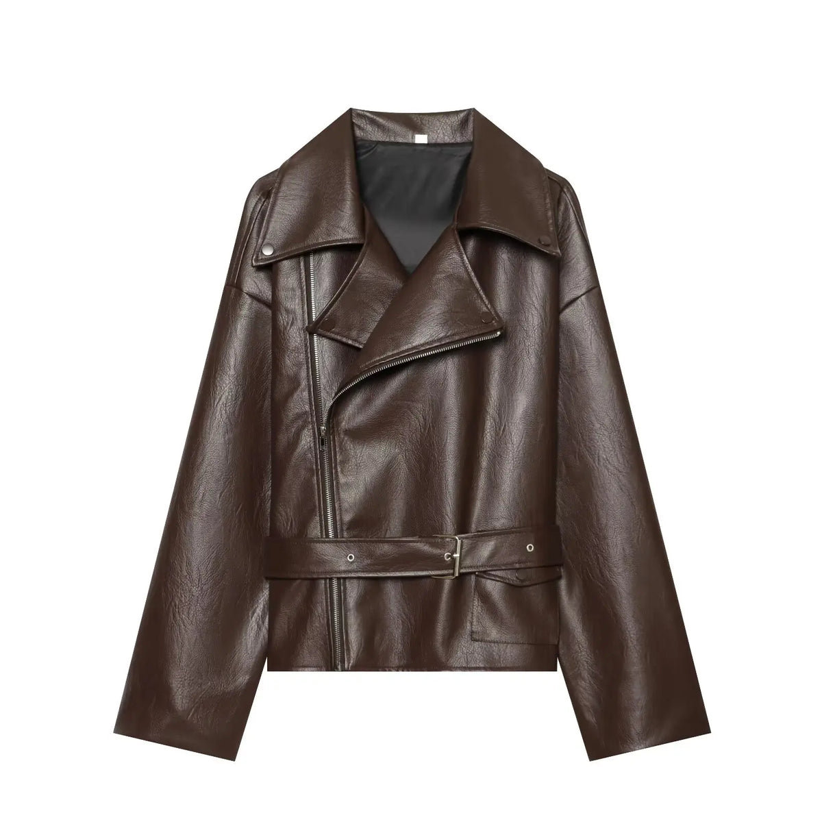 Women's Jacket Vintage Belted Faux PU Leather Front-Zip Turn-Down Lapel Full-Sleeve Casual Coat
