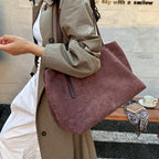 Women's Tote Bag Vintage Soft Faux-Suede Zipper Shoulder Bag with Phone Pocket