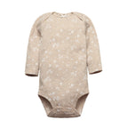 Beige heathered long sleeve bodysuit with scattered white floral print, back bow detail, and bottom snaps