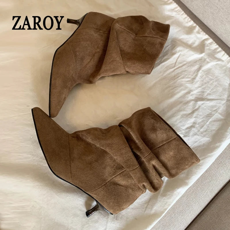 Women's Brown Faux Suede Ruched Kitten Heel Ankle Boots