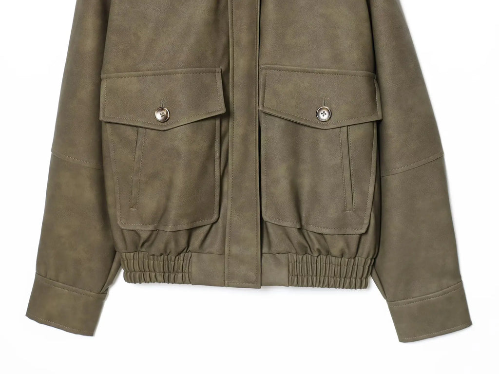 Women's  Faux Fur Collared Zip-Up Jacket with Pockets