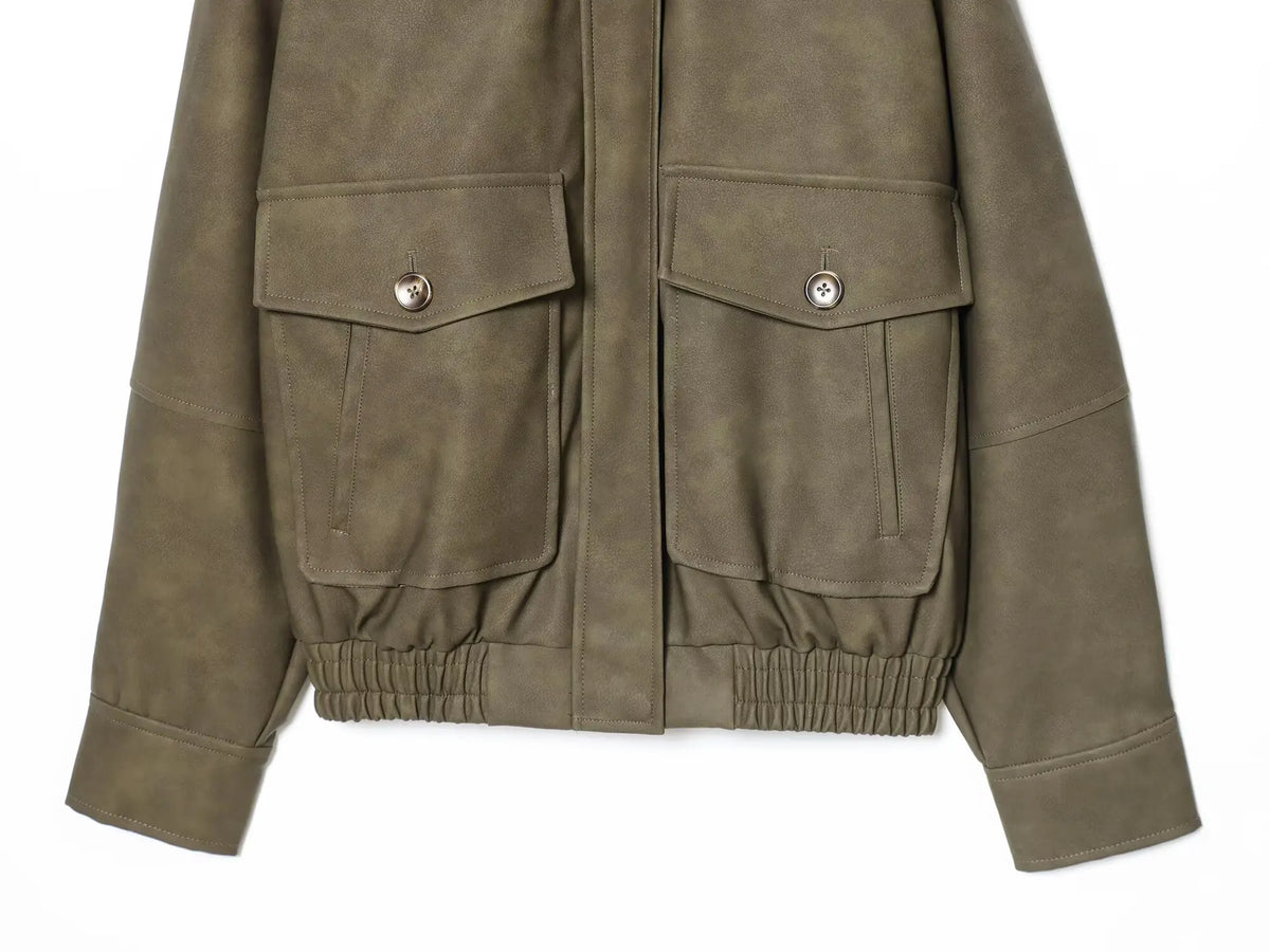 Women's  Faux Fur Collared Zip-Up Jacket with Pockets