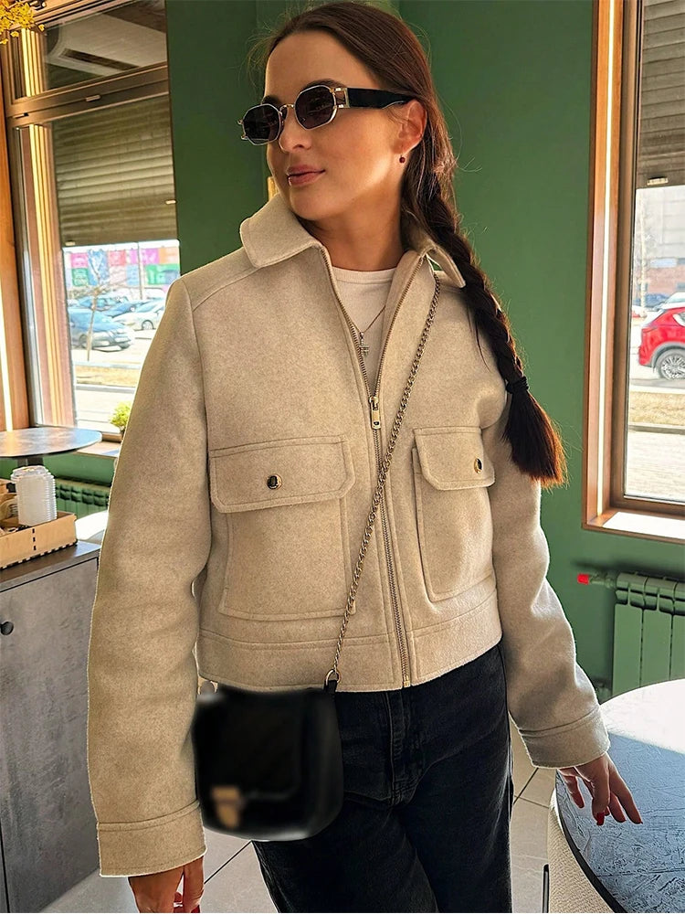 Women's Zipper Jacket Coat Winter Long Sleeve Pocket Outerwear Coat Short Street Elegant