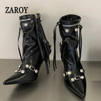 Women's Studded Pointed-Toe Ankle Boots with Kitten Heels