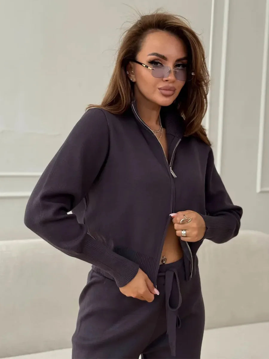 Women's Knit 2-Piece Set Zip-Up Stand Collar Cardigan Wide-Leg Ankle Pants Office Lady Autumn Winter Outfit