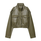 Women's High-Neck Zip-Up Moto Jacket with Pockets