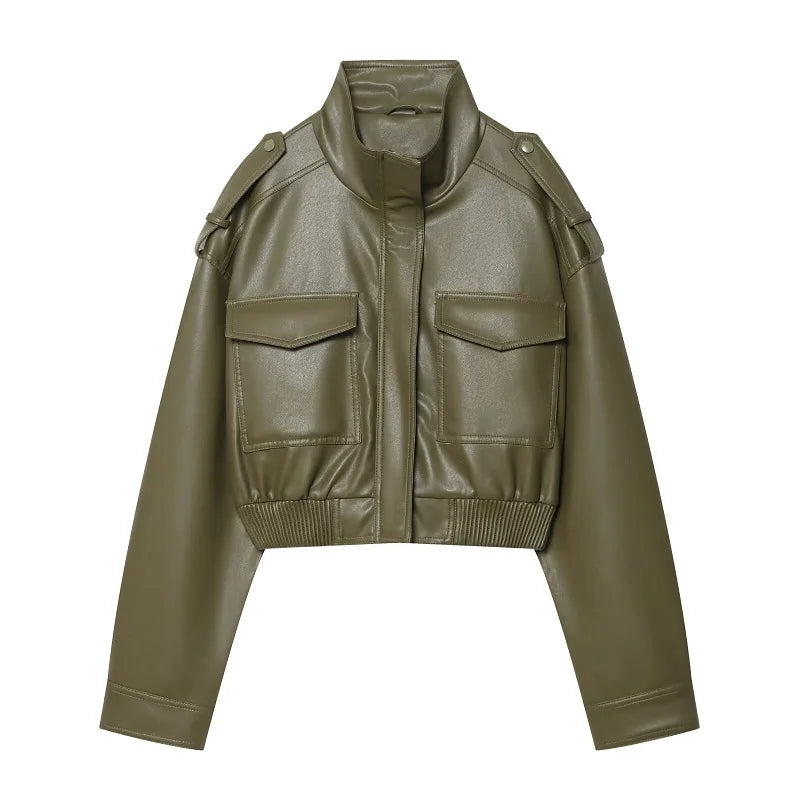 Women's High-Neck Zip-Up Moto Jacket with Pockets