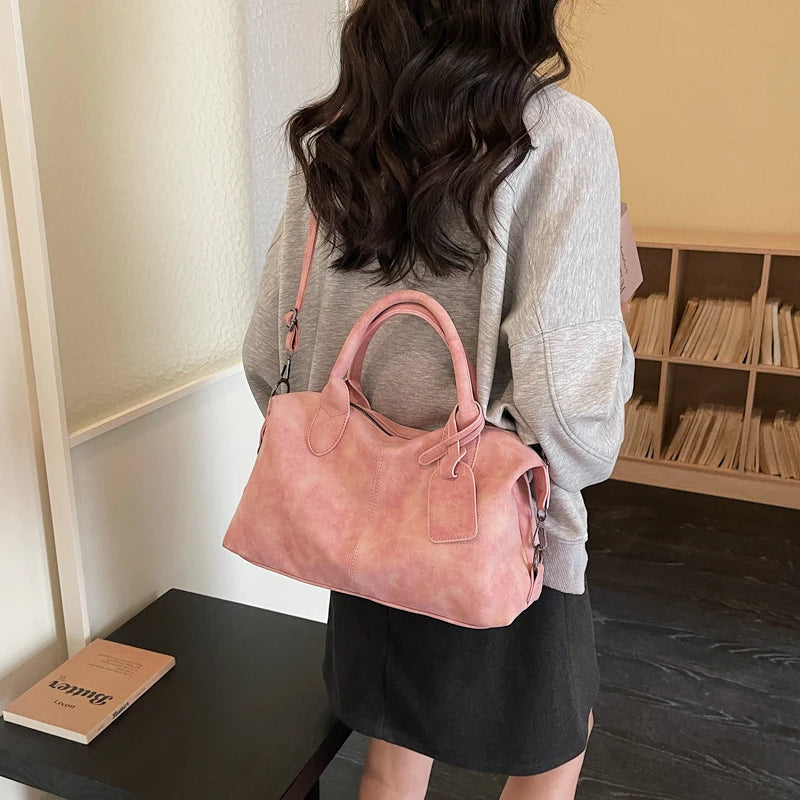 Women's Boston-Style PU Leather Shoulder Bag with Zipper