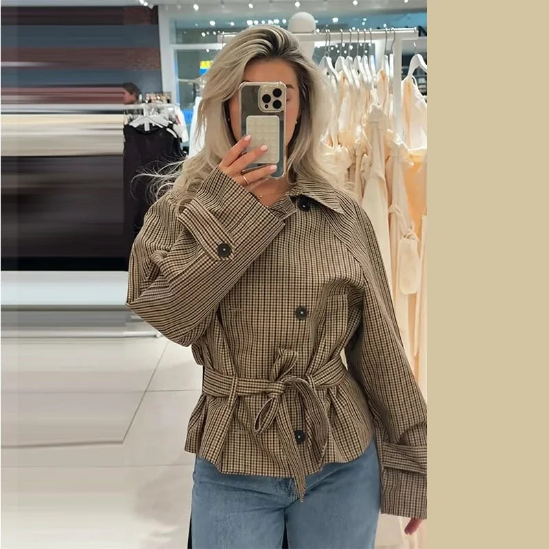 Women's Jacket Polyester Plaid Loose Stand Collar Full-Zip Full-Sleeve Casual Autumn Outerwear