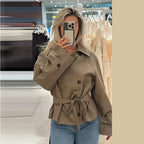 Women's Jacket Polyester Plaid Loose Stand Collar Full-Zip Full-Sleeve Casual Autumn Outerwear